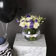 A package of purple ostomy vase with blue velvet cake from Annie and Danny, medium size
