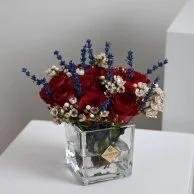Red rose vase with lavender