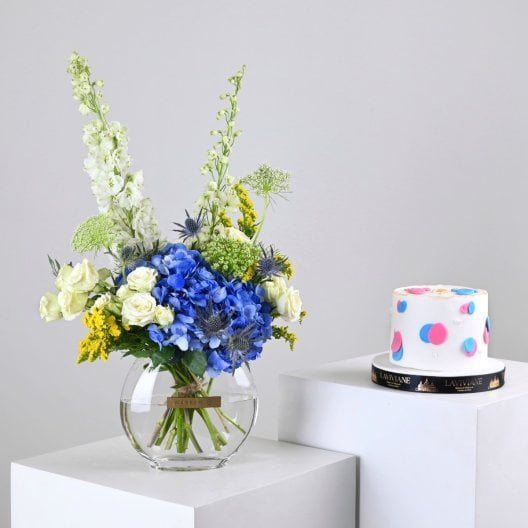 مجموعة تحديد جنس المولود Boy or Girl | فازة بلو هايدرنجا مع كيك