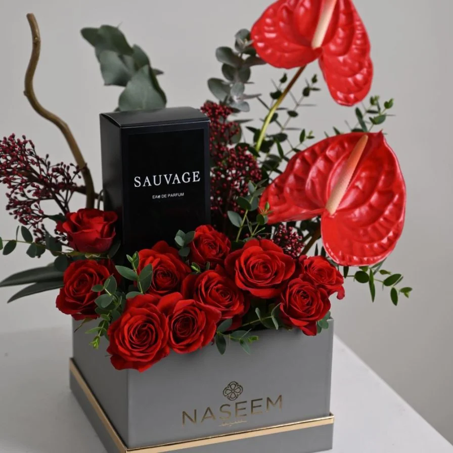Box Naseem with Anthurium Red and Dior Sauvage perfume