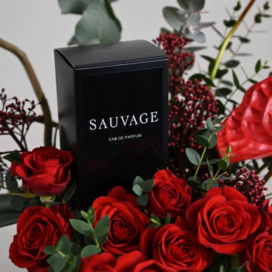 Box Naseem with Anthurium Red and Dior Sauvage perfume