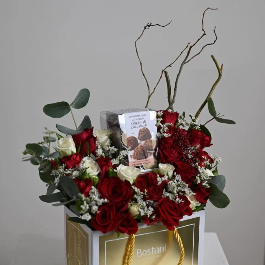 Rocher's bostani with red roses