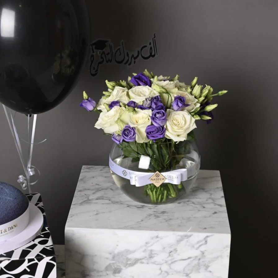 A package of purple ostomy vase with blue velvet cake from Annie and Danny, medium size