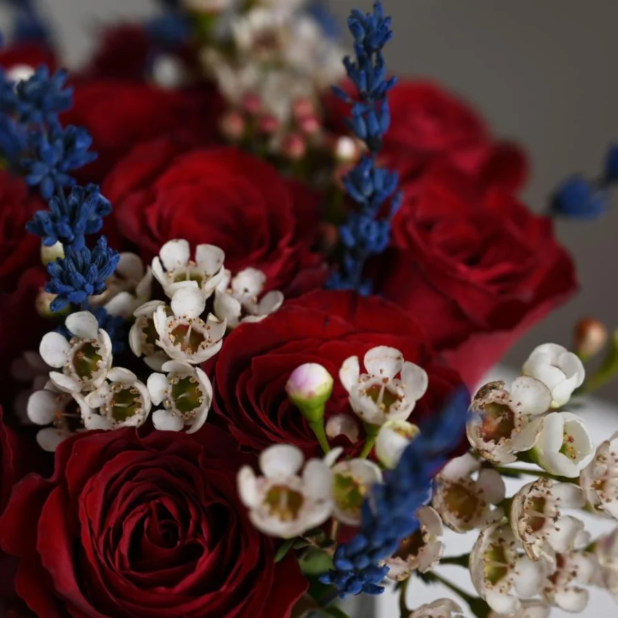 Red rose vase with lavender