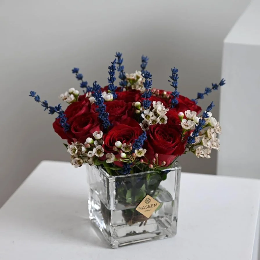 Red rose vase with lavender