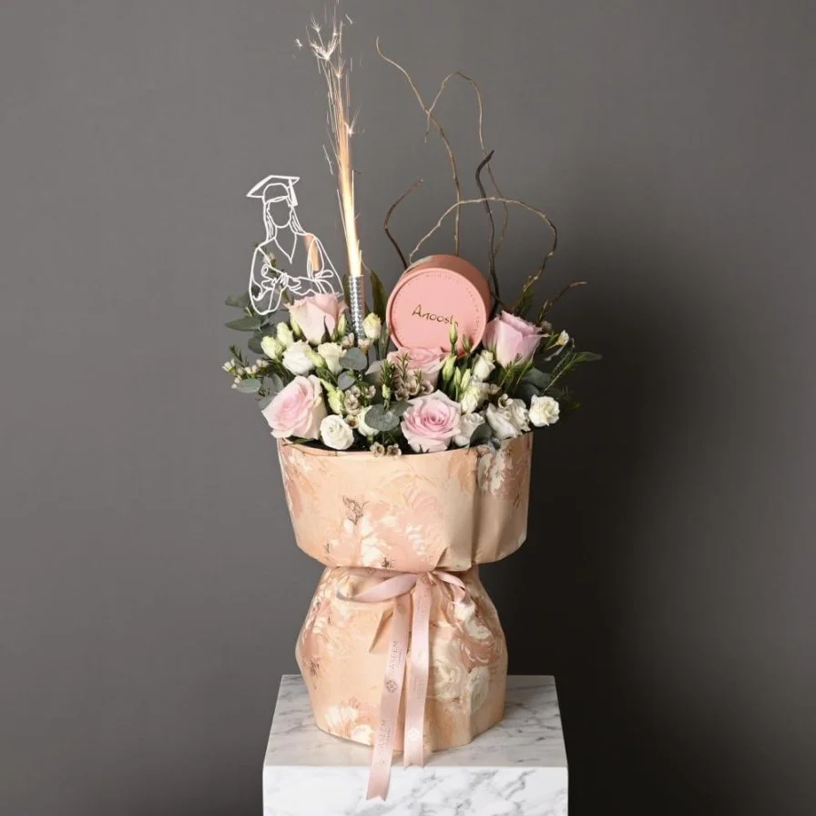 Graduation bouquet with pink Anoush chocolate