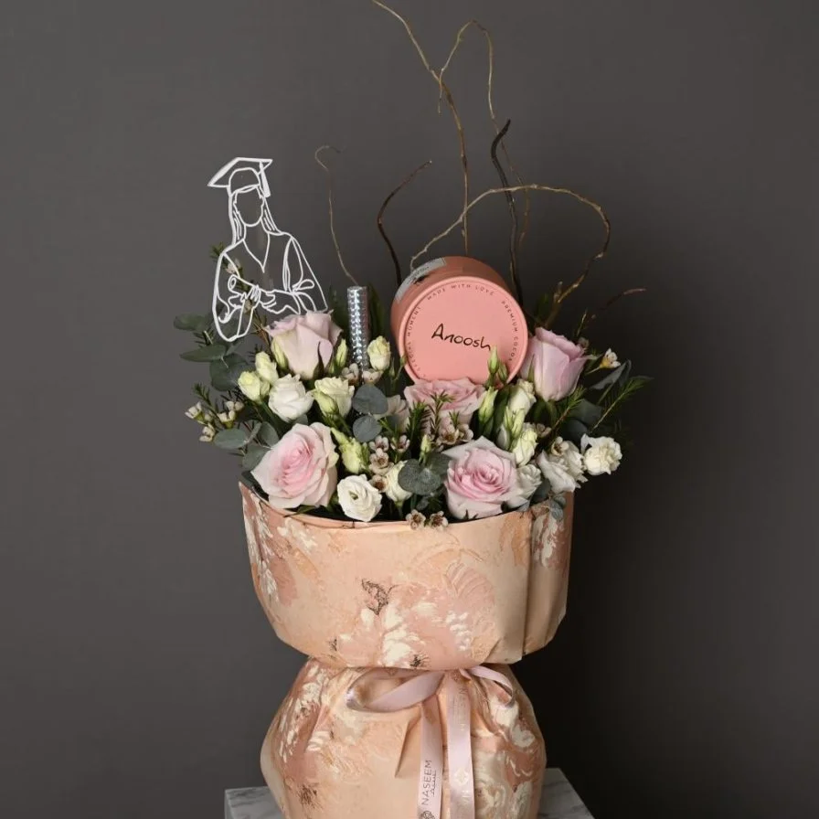 Graduation bouquet with pink Anoush chocolate