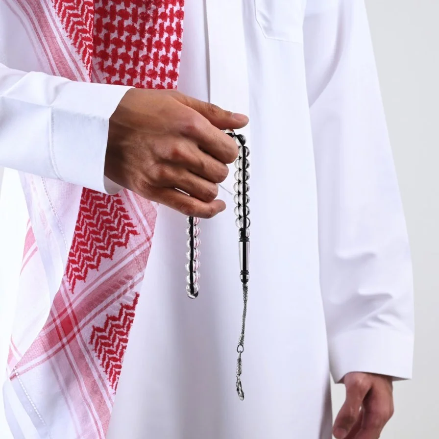 سبحة بكلايت شفاف بخيط اسود | طربزونة فضة من لباب