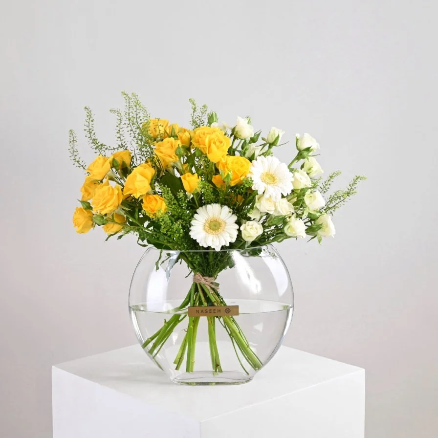 Yellow & White Flower Vase | Baby Rose & Gerbera