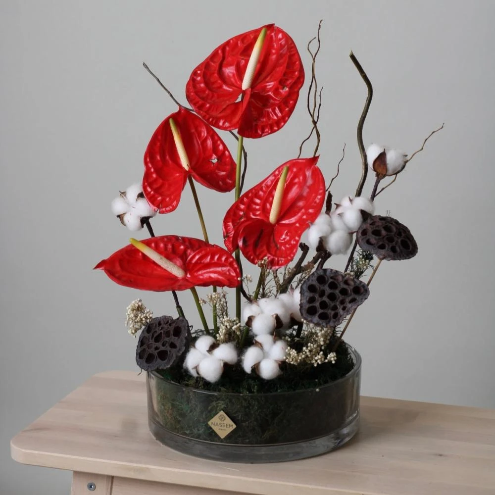 Nostalgia vase Anthurium and cotton twigs