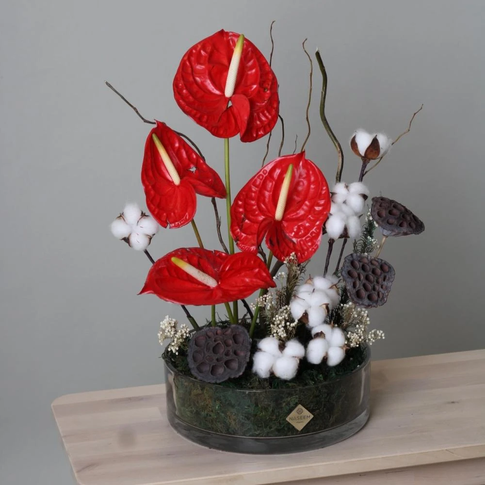Nostalgia vase Anthurium and cotton twigs