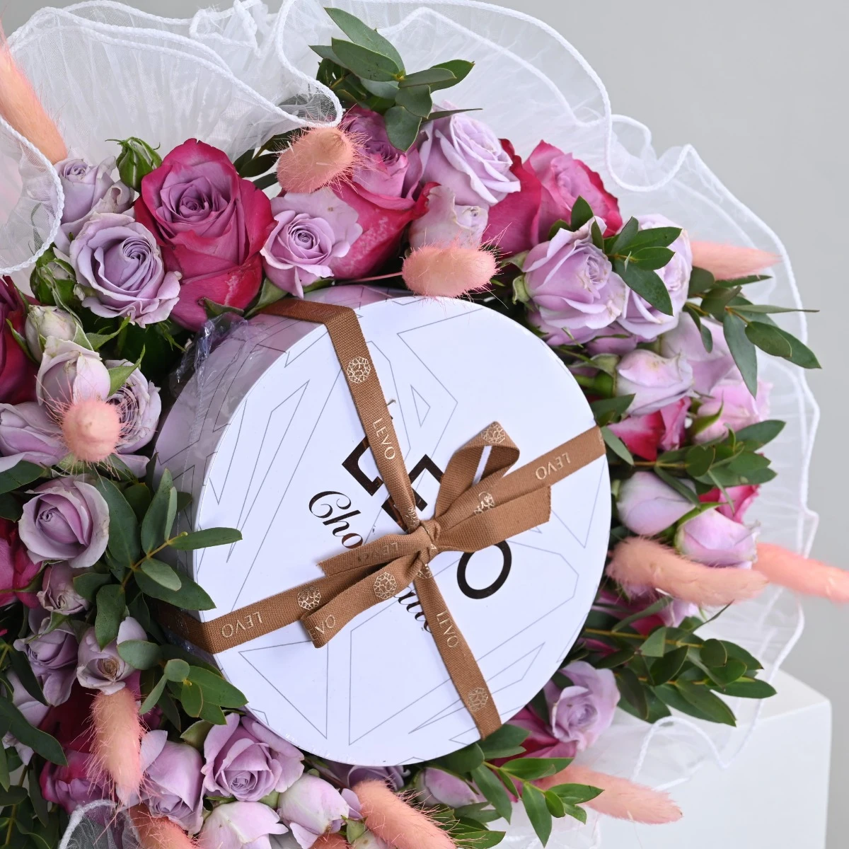 Levo chocolate bouquet with purple roses